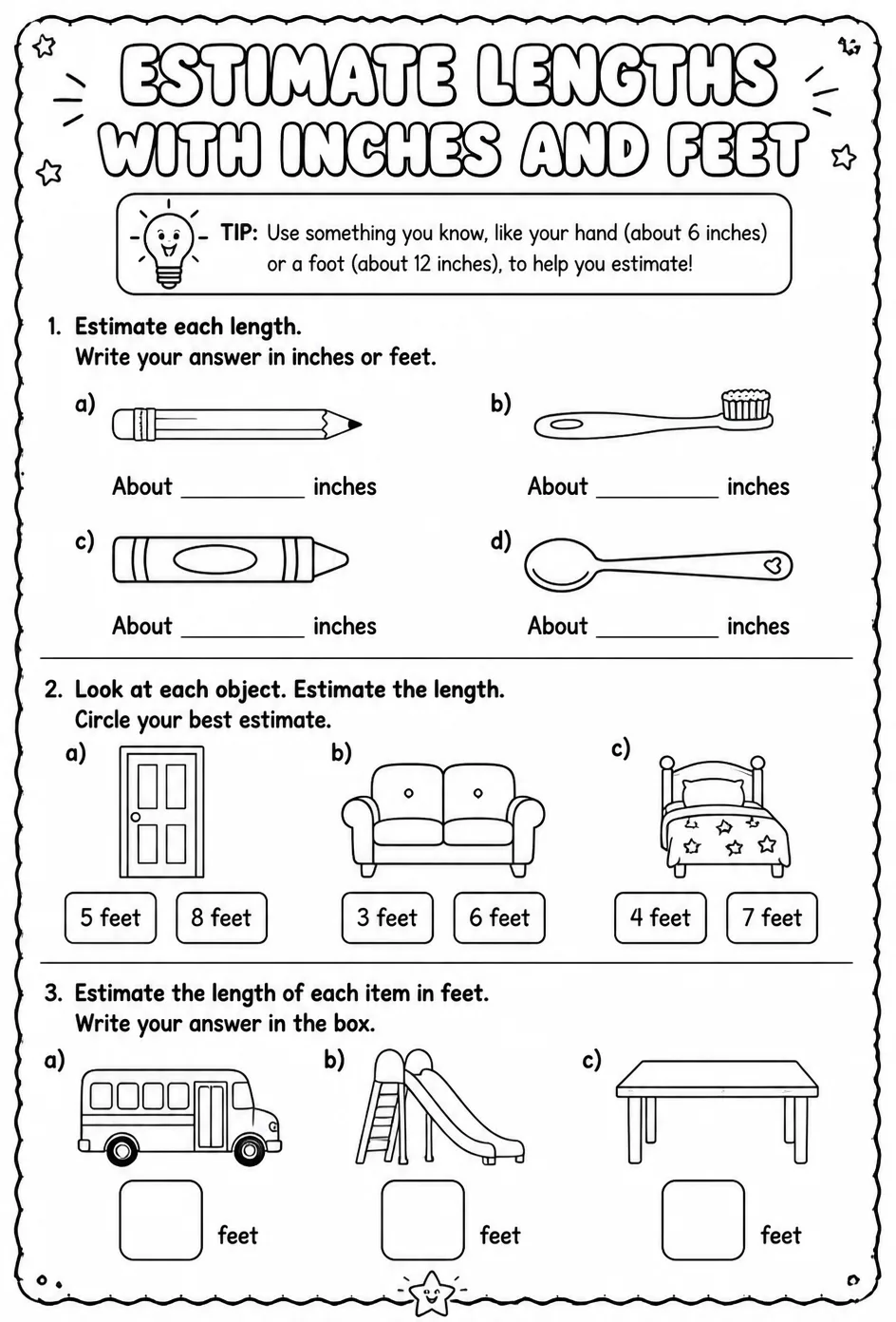 Estimate lengths with inches and feet — free printable Grade 2 math worksheet