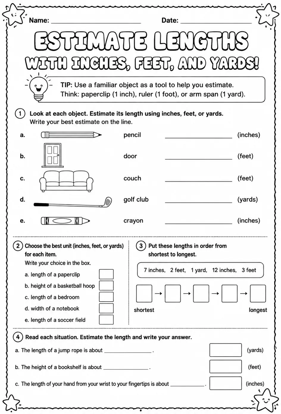 Estimate lengths with inches, feet, and yards — free printable Grade 2 math worksheet