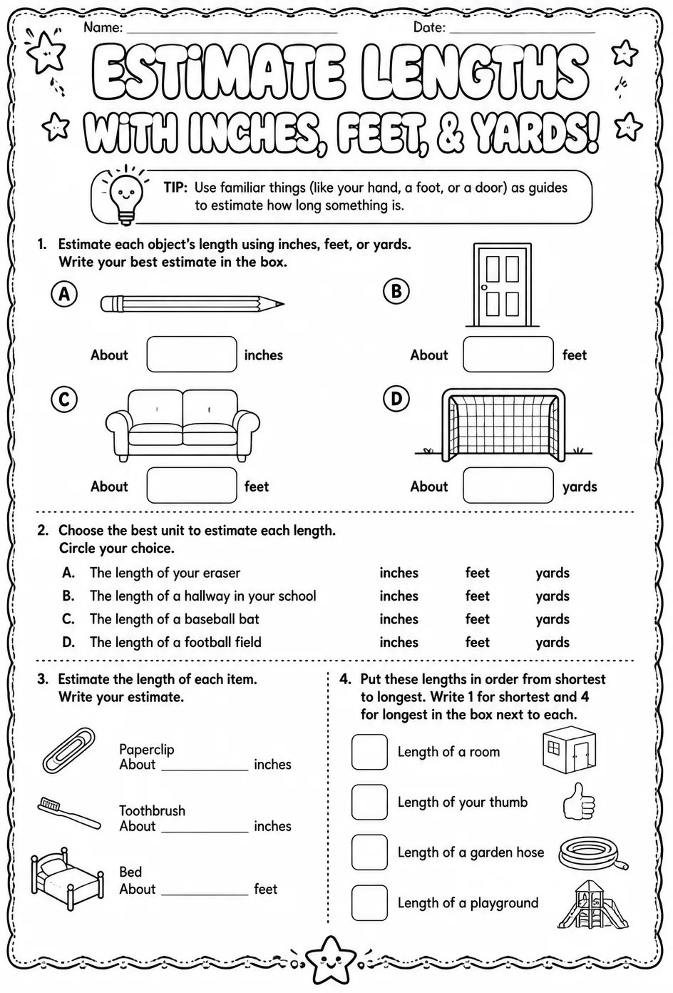 Estimate lengths with inches, feet, and yards — free printable Grade 3 math worksheet