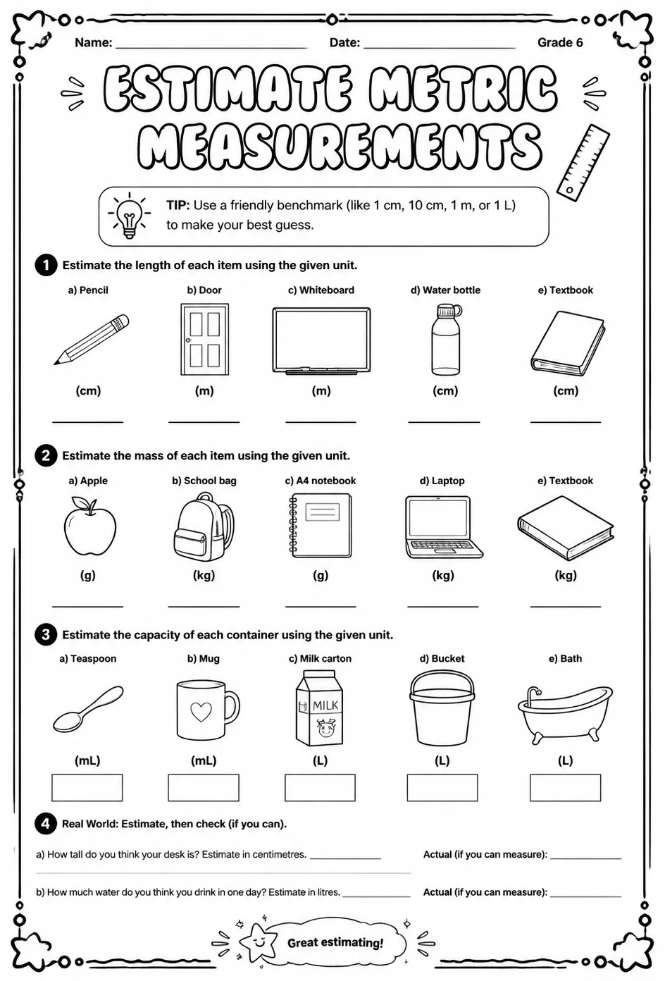 Estimate metric measurements — free printable Grade 6 math worksheet