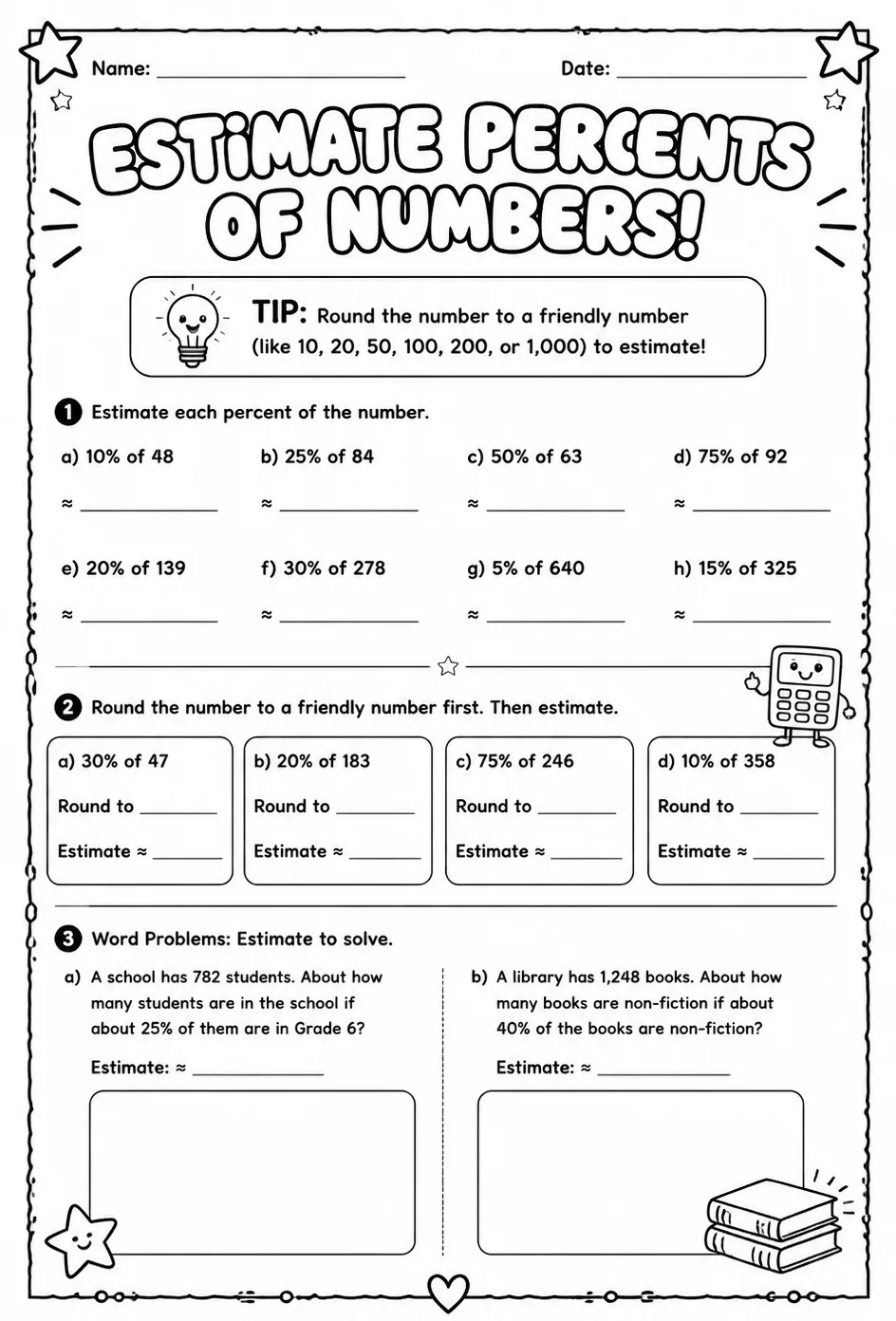 Estimate percents of numbers — free printable Grade 6 math worksheet