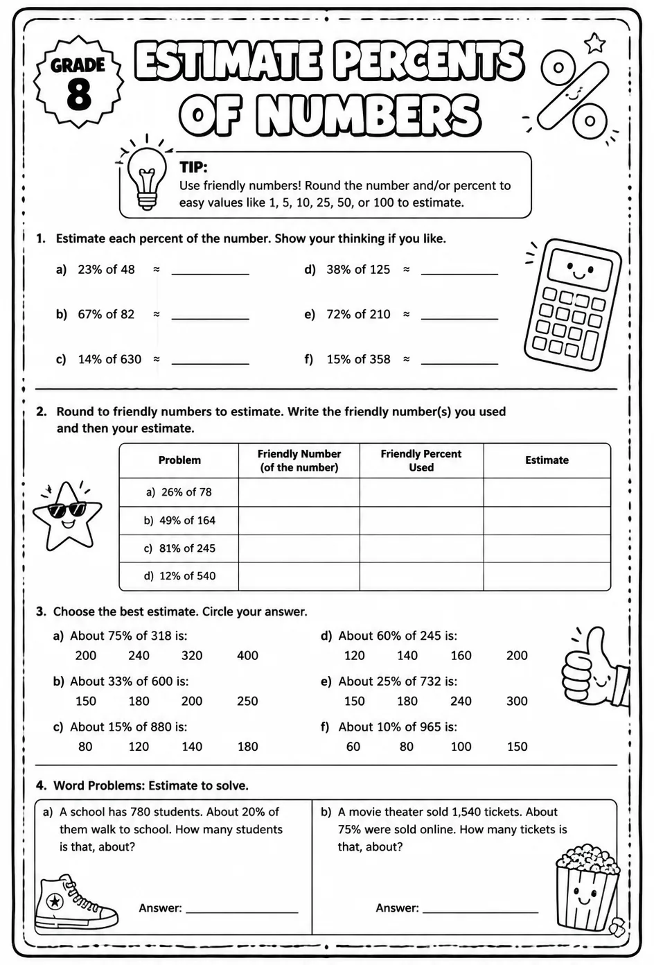 Estimate percents of numbers — free printable Grade 8 math worksheet