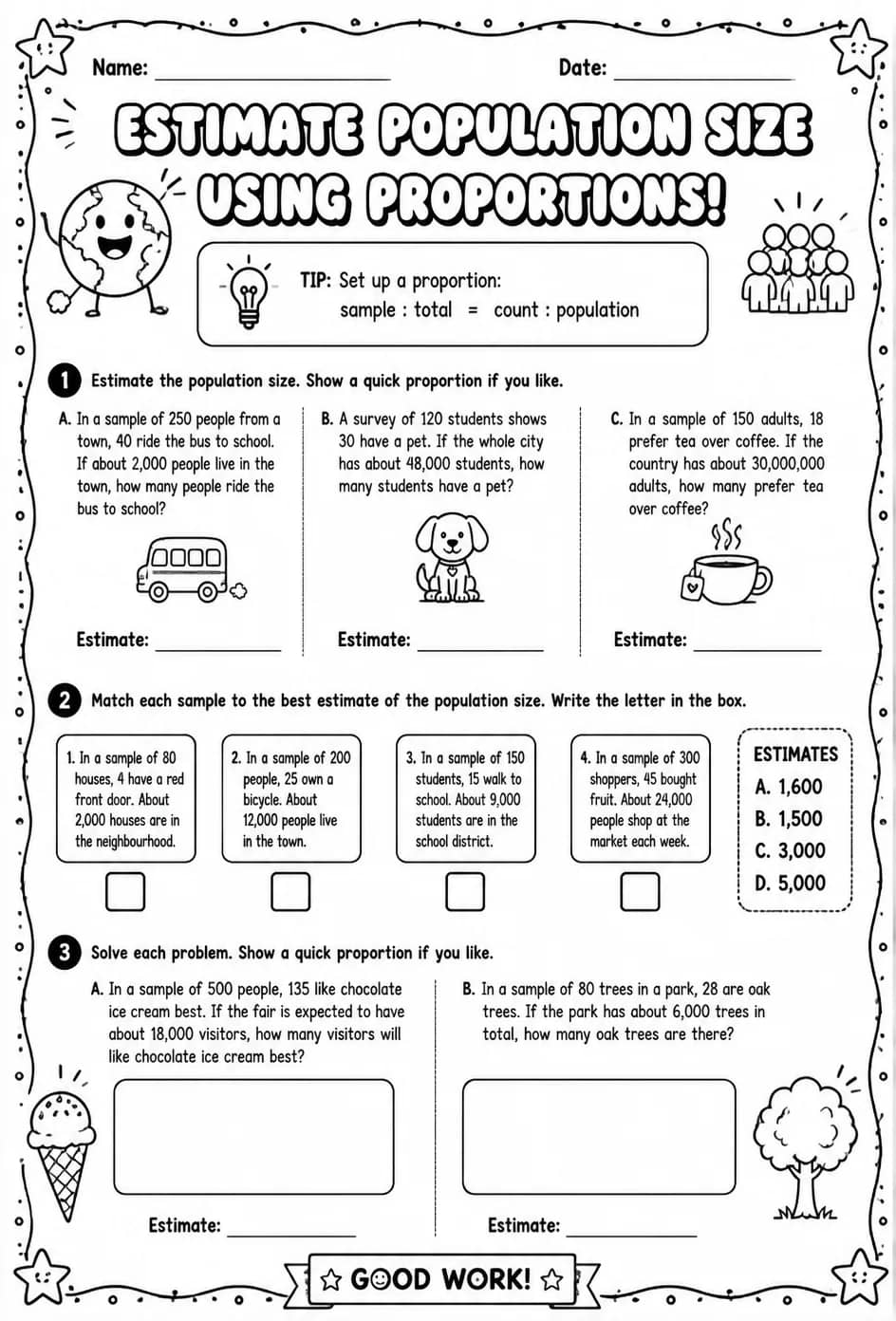 Estimate population size using proportions — free printable Grade 7 math worksheet