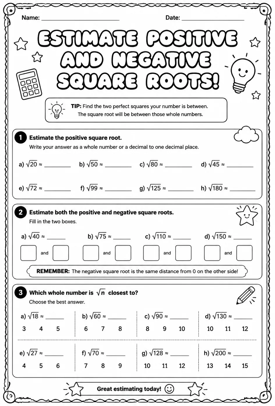 Estimate positive and negative square roots — free printable Grade 8 math worksheet
