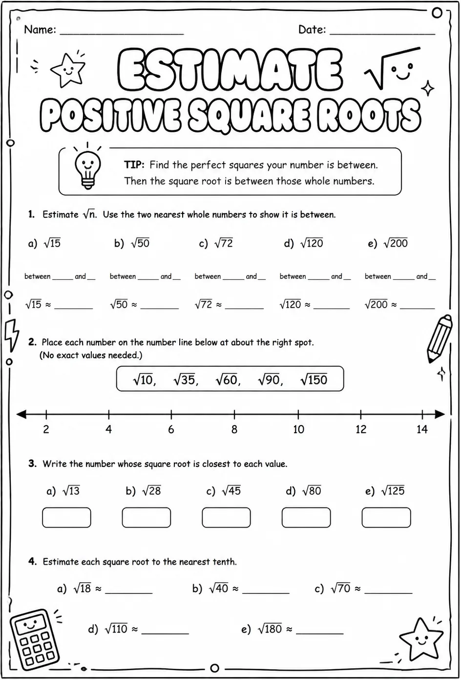 Estimate positive square roots — free printable Grade 8 math worksheet