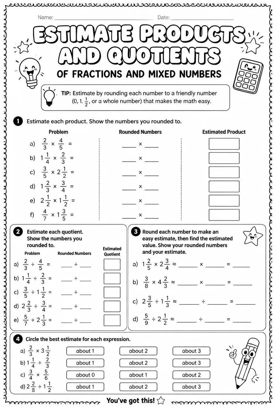 Estimate products and quotients of fractions and mixed numbers — free printable Grade 7 math worksheet