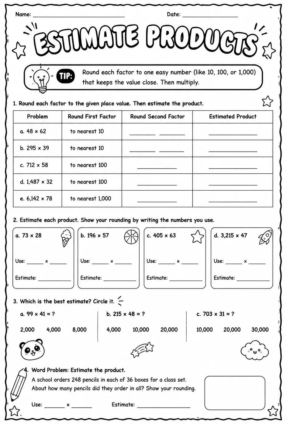 Estimate products — free printable Grade 6 math worksheet