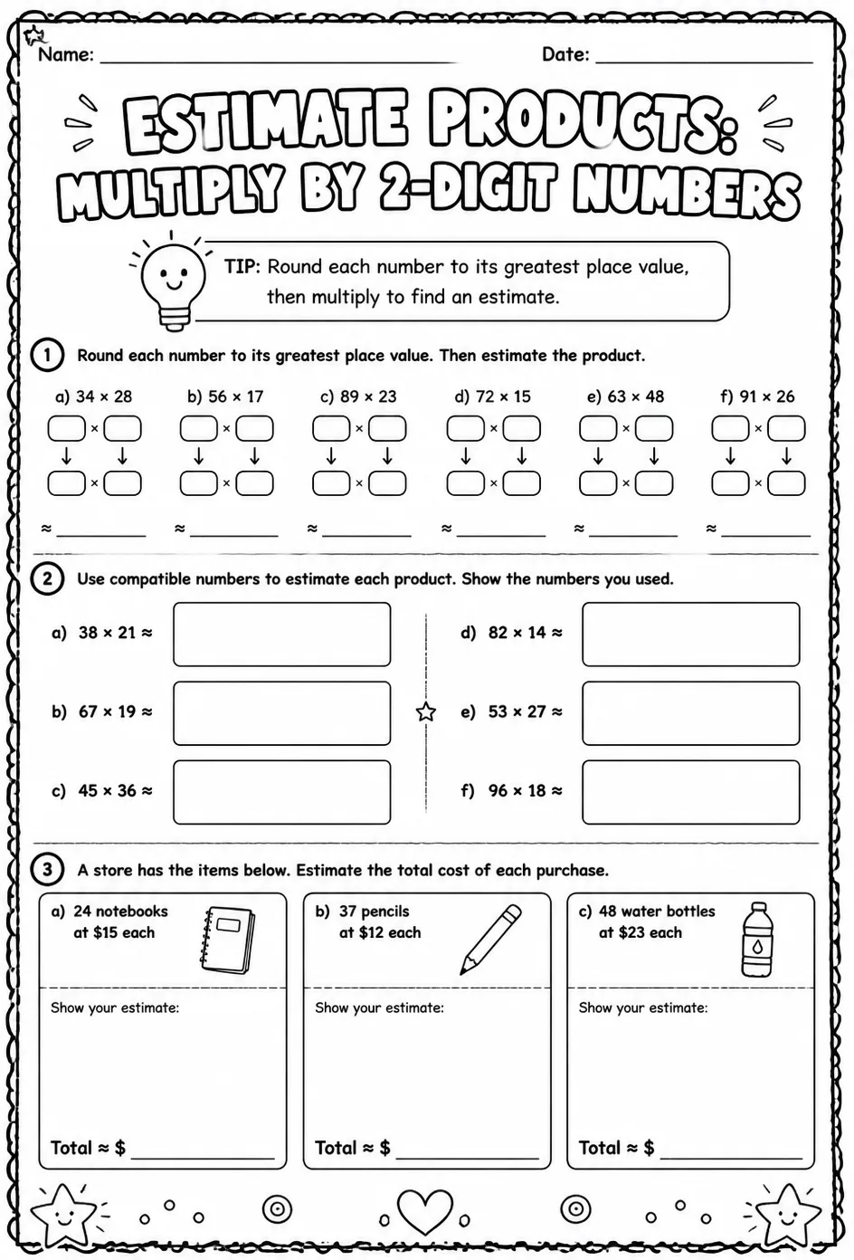 Estimate products: multiply by 2-digit numbers — free printable Grade 4 math worksheet