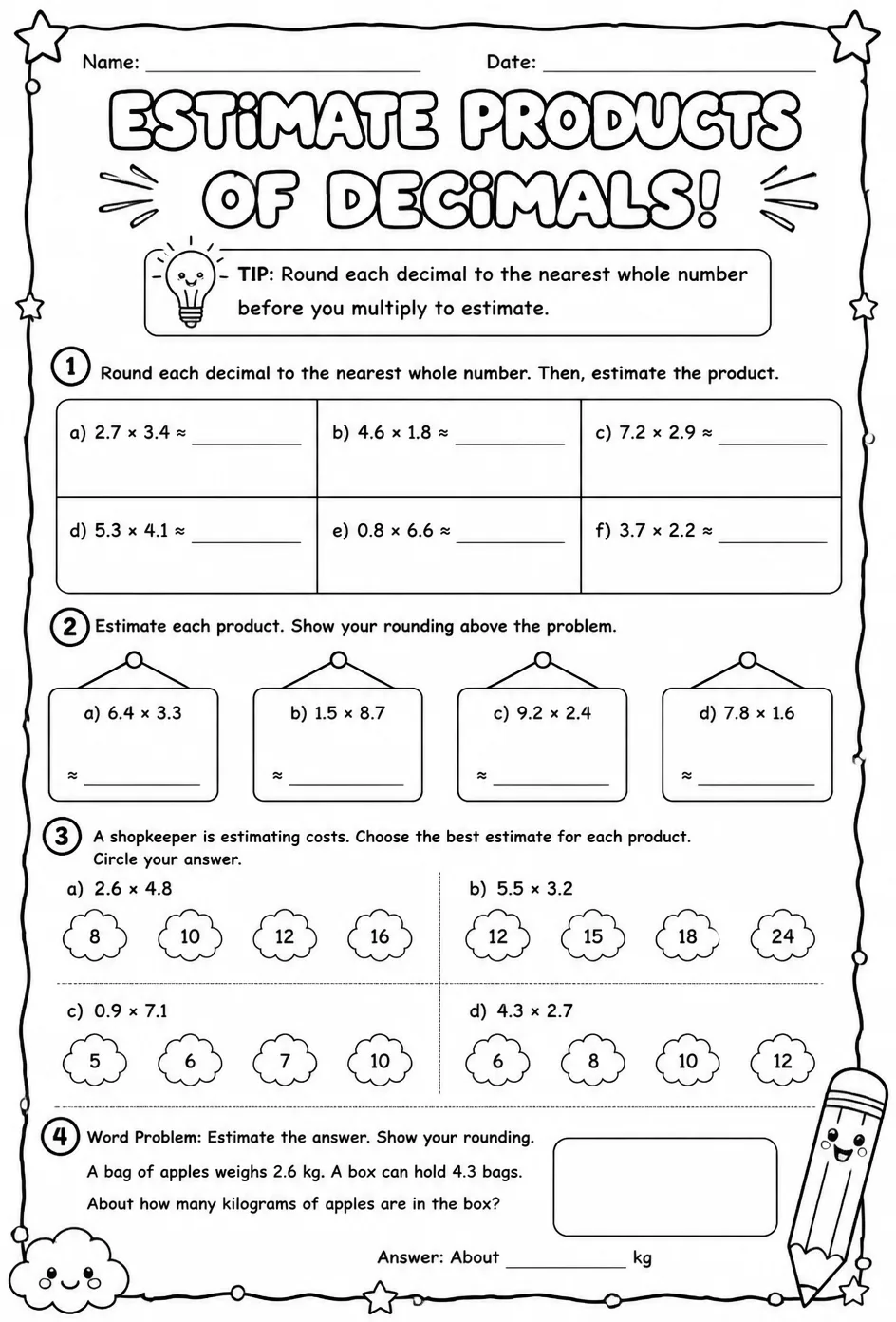 Estimate products of decimals — free printable Grade 5 math worksheet
