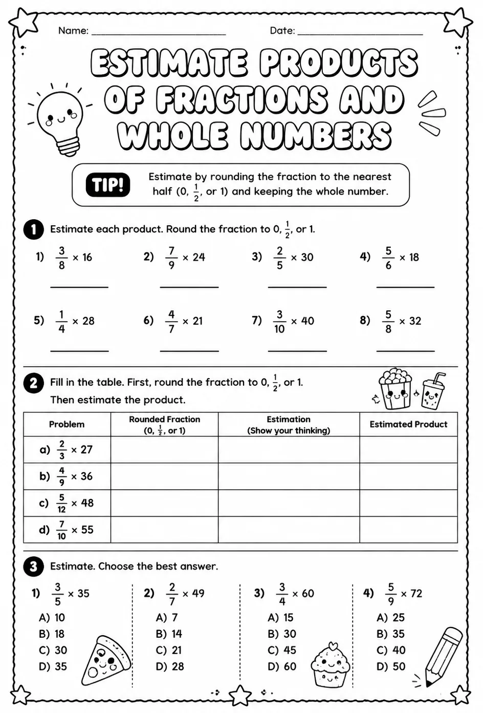 Estimate products of fractions and whole numbers — free printable Grade 6 math worksheet