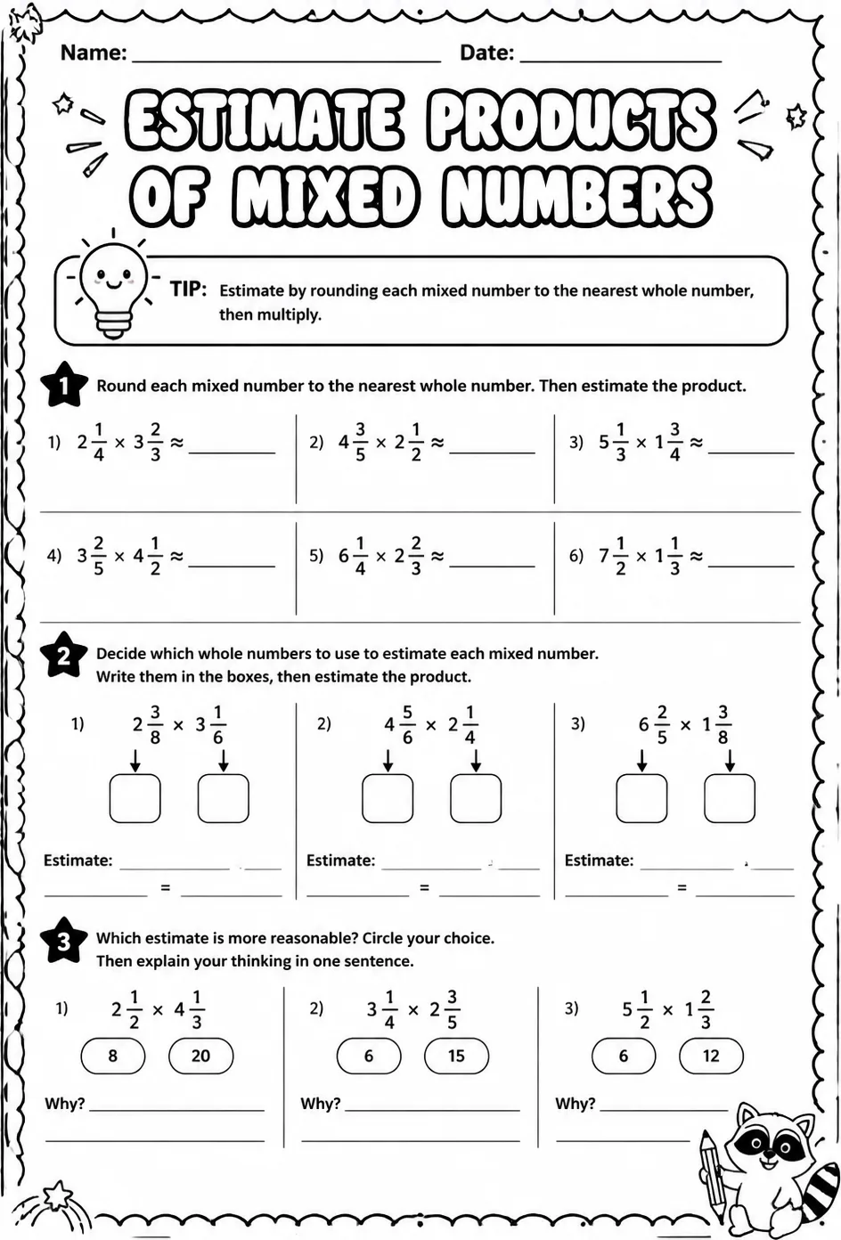 Estimate products of mixed numbers — free printable Grade 5 math worksheet