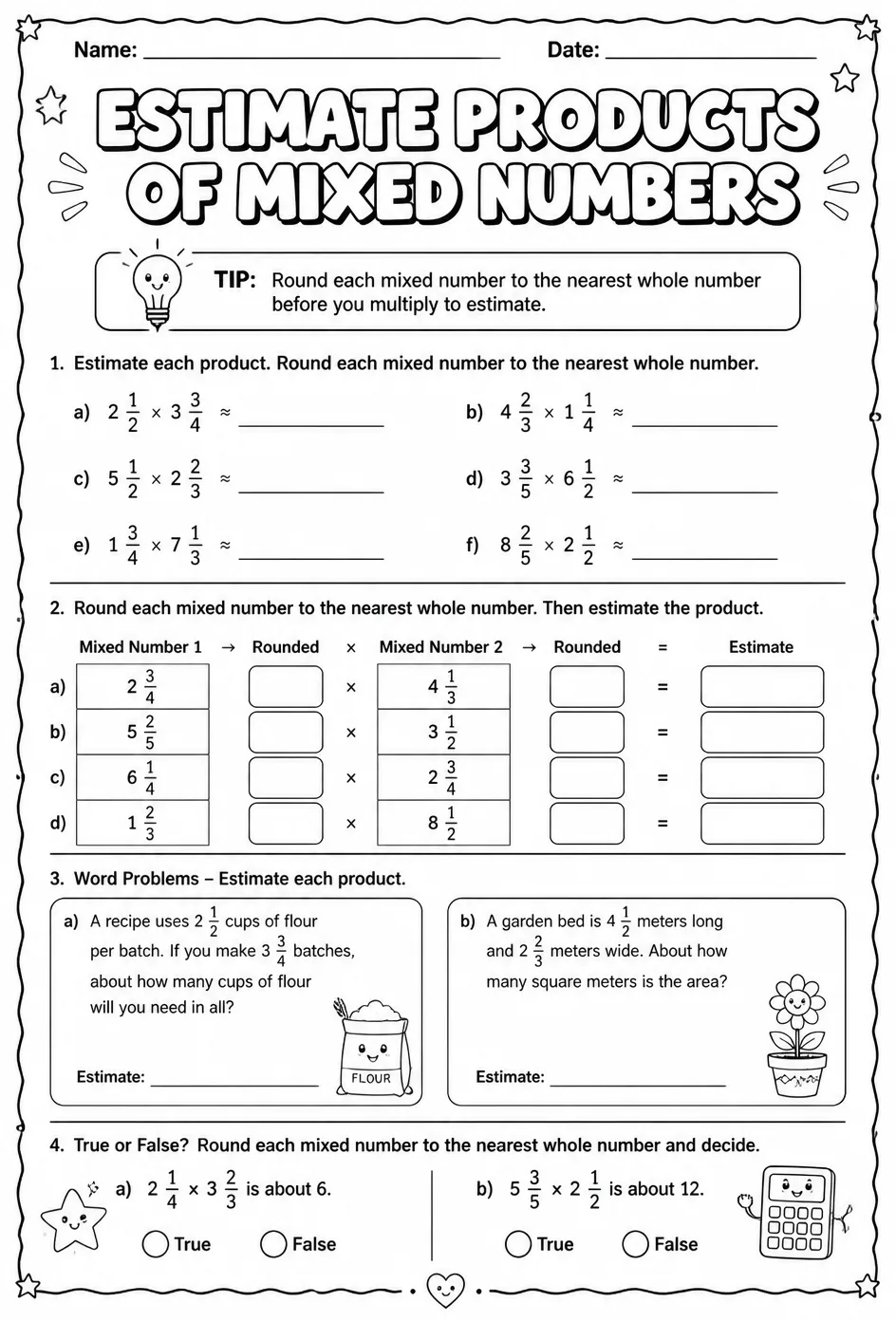 Estimate products of mixed numbers — free printable Grade 6 math worksheet