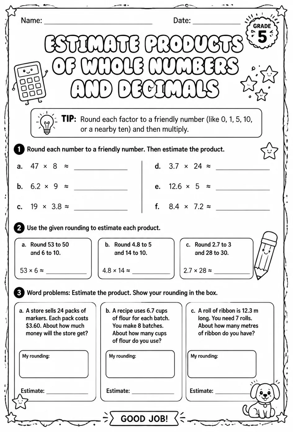 Estimate products of whole numbers and decimals — free printable Grade 5 math worksheet
