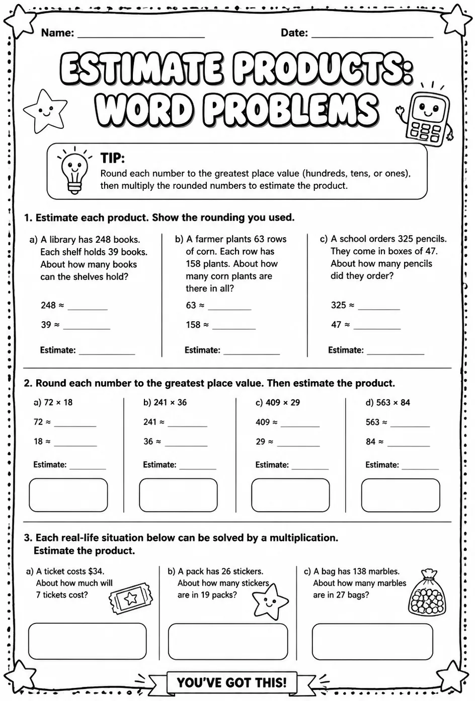 Estimate products: word problems — free printable Grade 4 math worksheet