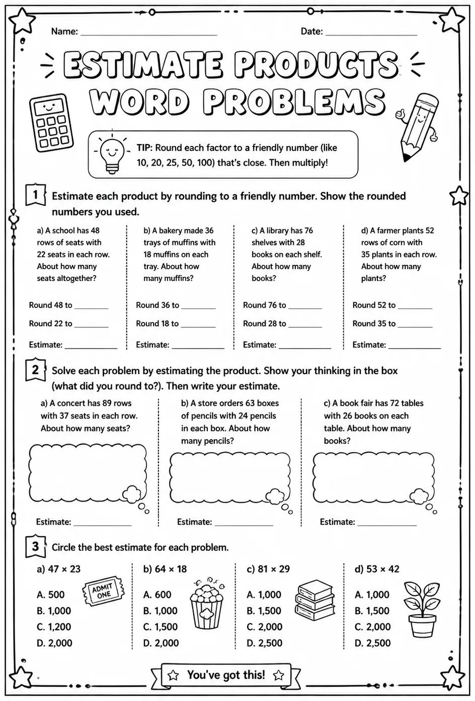 Estimate products: word problems — free printable Grade 5 math worksheet