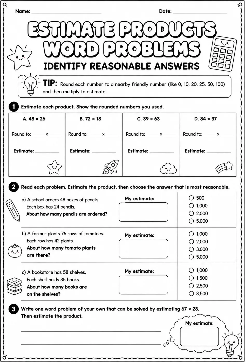Estimate products word problems: identify reasonable answers — free printable Grade 4 math worksheet