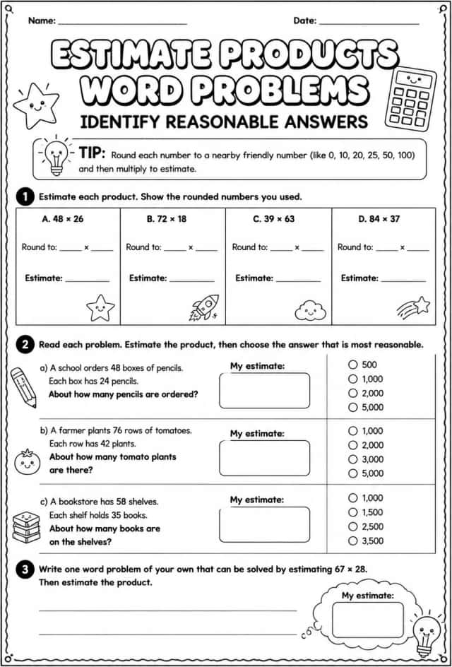 Estimate products word problems: identify reasonable answers