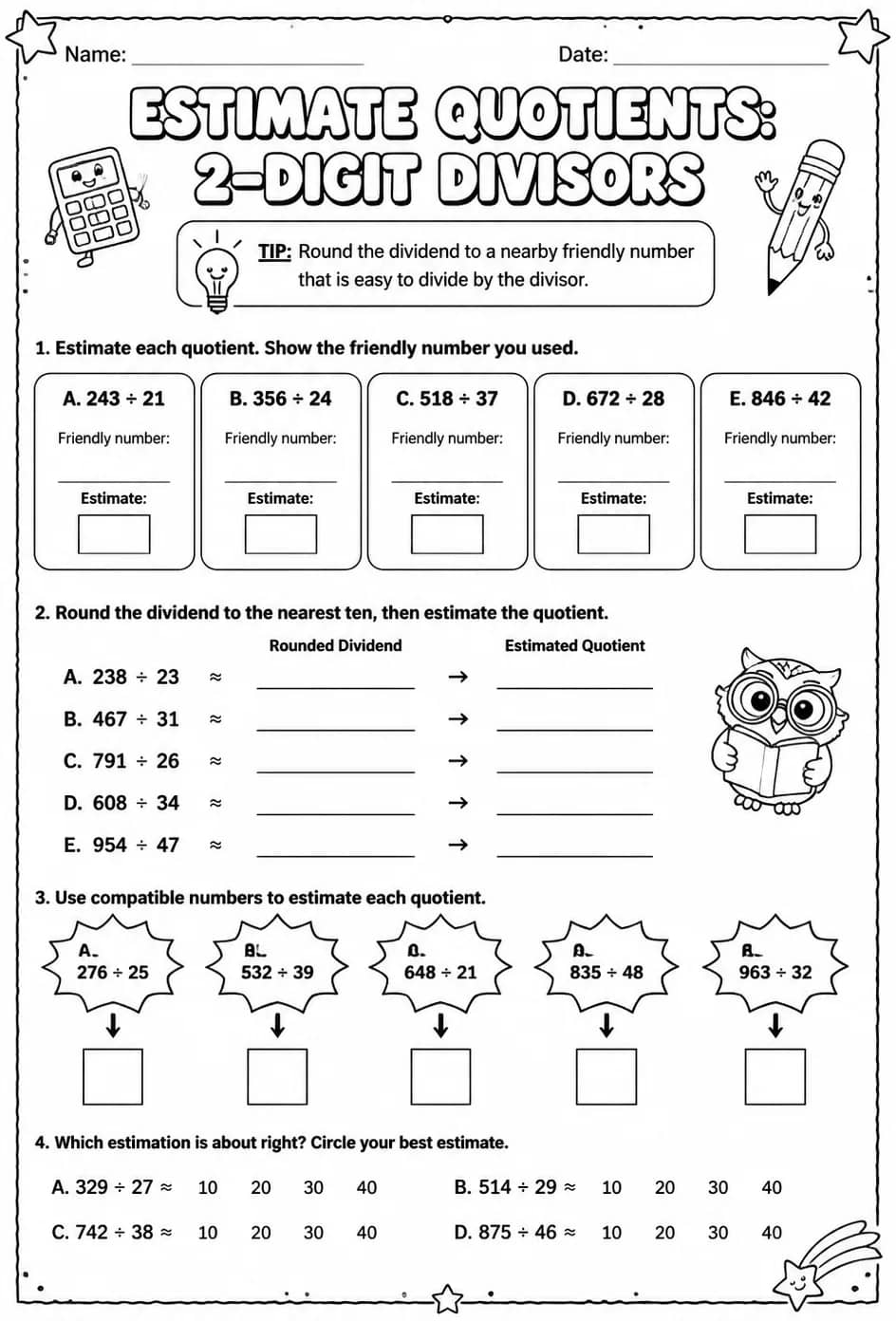Estimate quotients: 2-digit divisors — free printable Grade 5 math worksheet