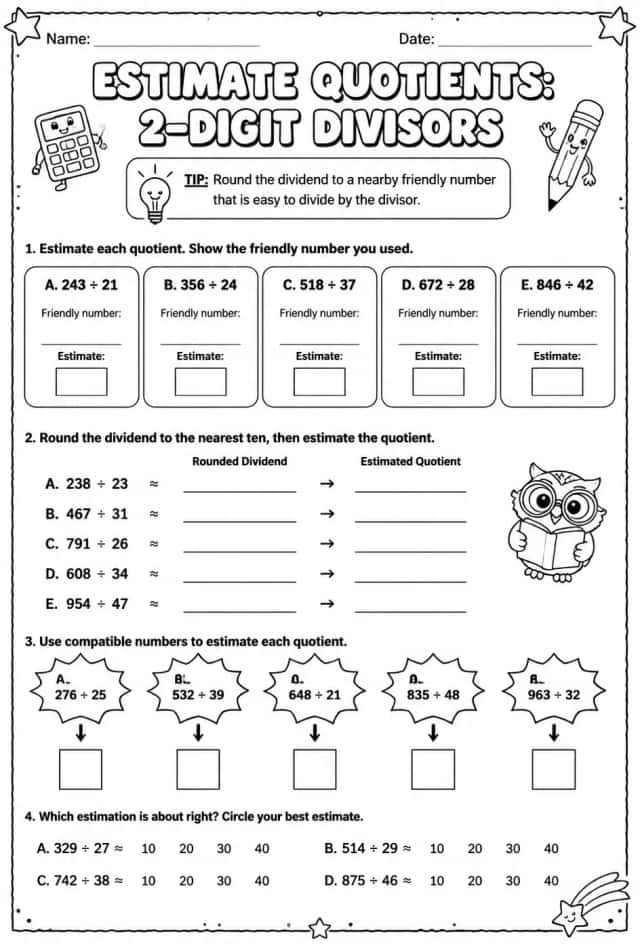 Estimate quotients: 2-digit divisors