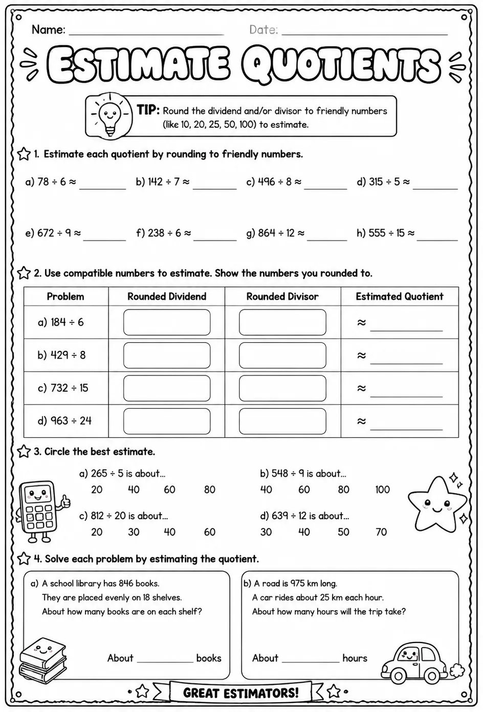 Estimate quotients — free printable Grade 5 math worksheet