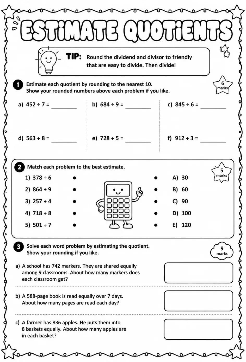 Estimate quotients — free printable Grade 6 math worksheet