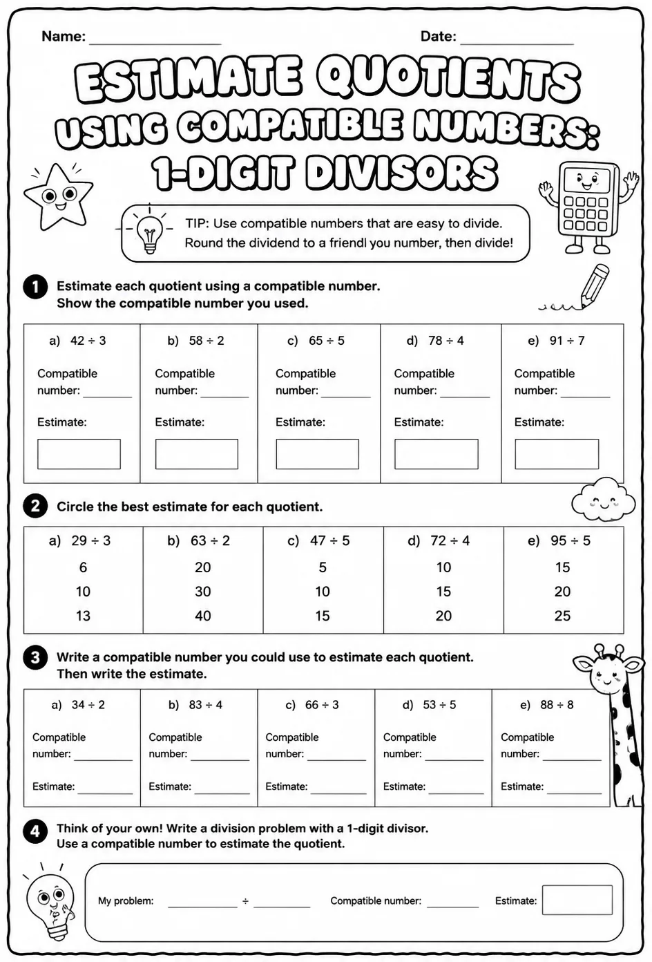 Estimate quotients using compatible numbers: 1-digit divisors — free printable Grade 4 math worksheet
