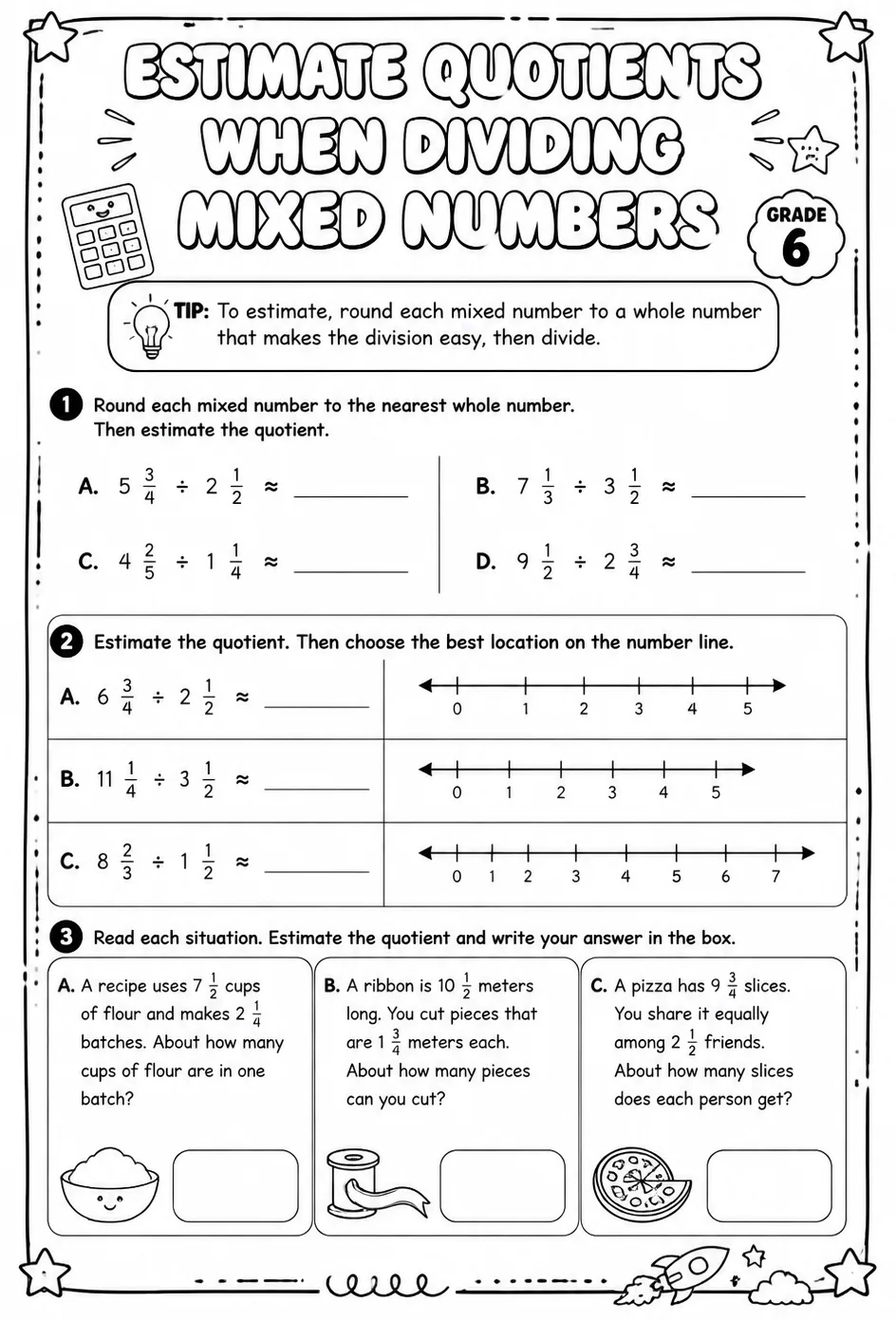 Estimate quotients when dividing mixed numbers — free printable Grade 6 math worksheet