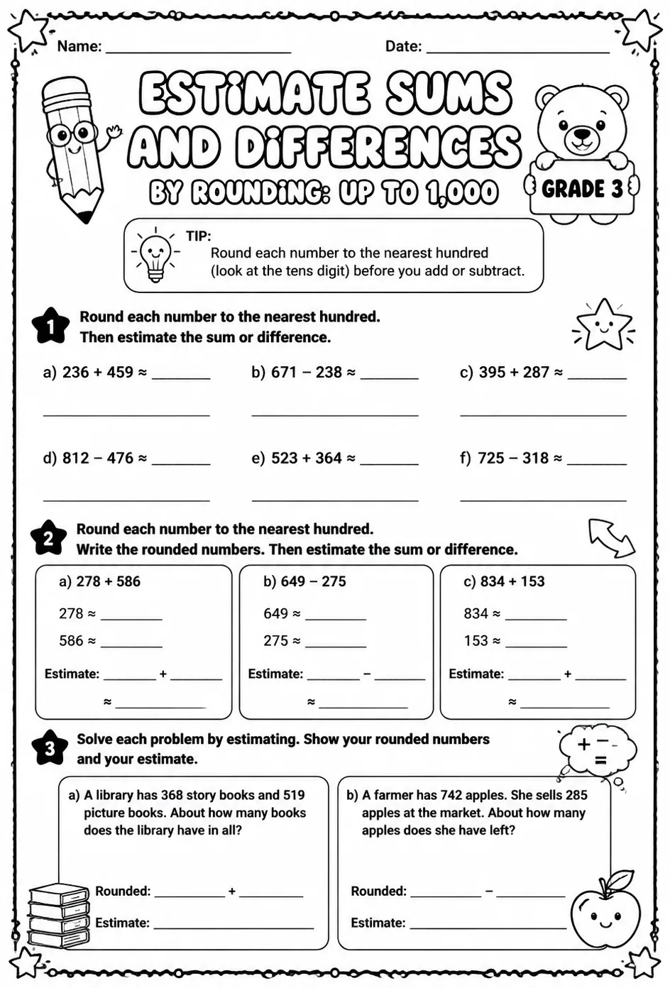 Estimate sums and differences by rounding: up to 1,000 — free printable Grade 3 math worksheet
