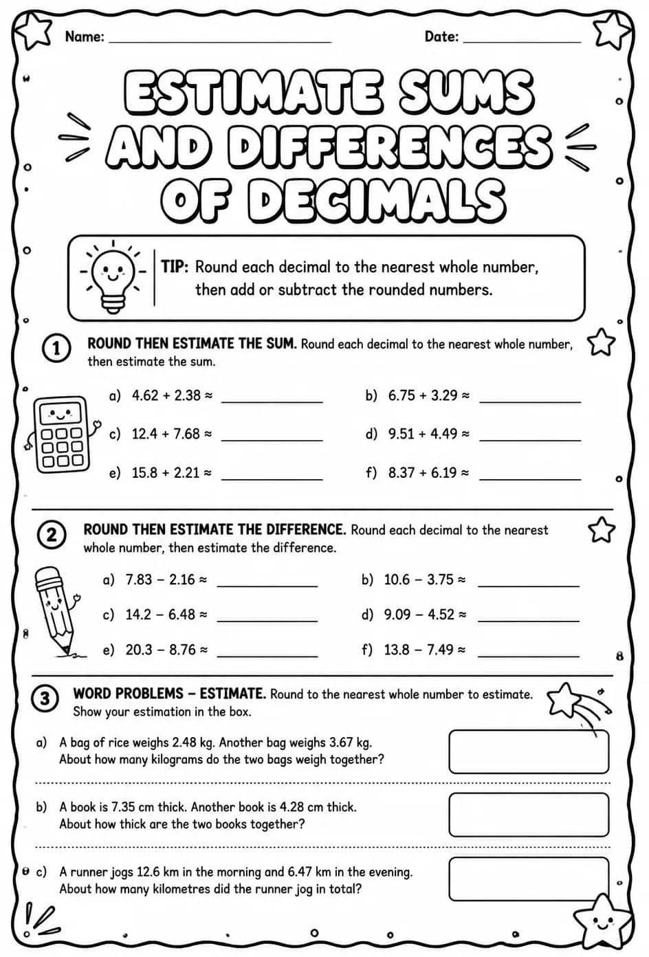 Estimate sums and differences of decimals — free printable Grade 6 math worksheet