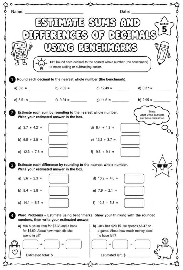 Estimate sums and differences of decimals using benchmarks