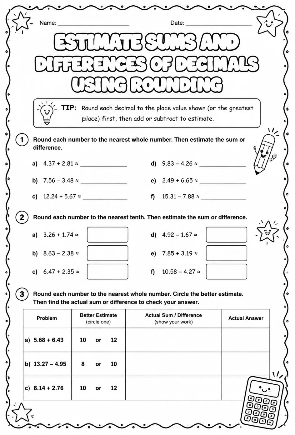 Estimate sums and differences of decimals using rounding — free printable Grade 5 math worksheet