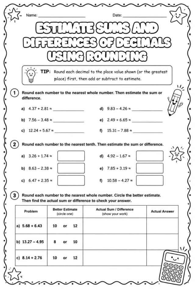 Estimate sums and differences of decimals using rounding