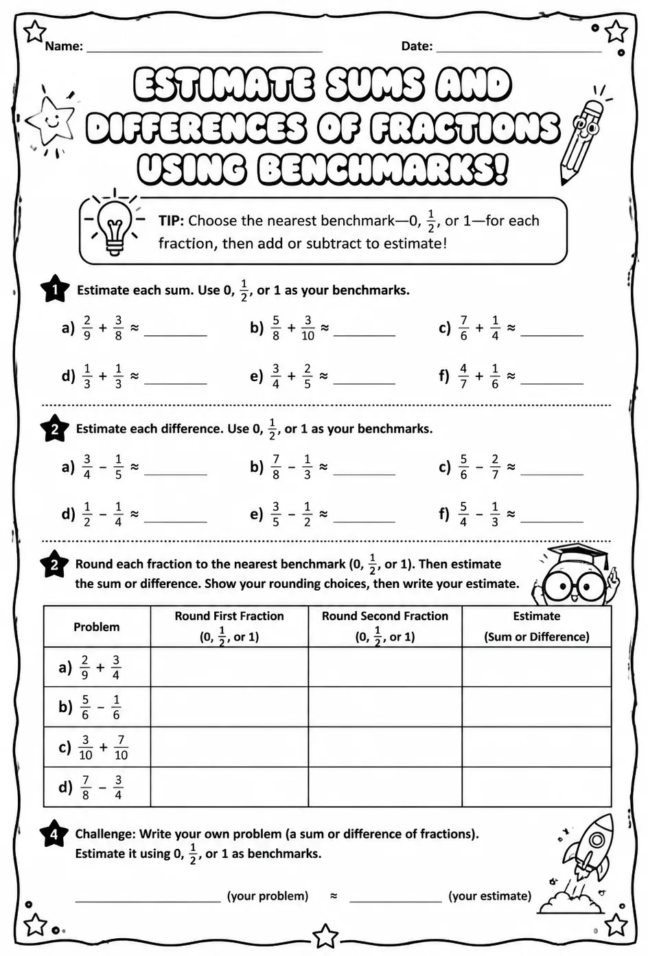 Estimate sums and differences of fractions using benchmarks — free printable Grade 5 math worksheet