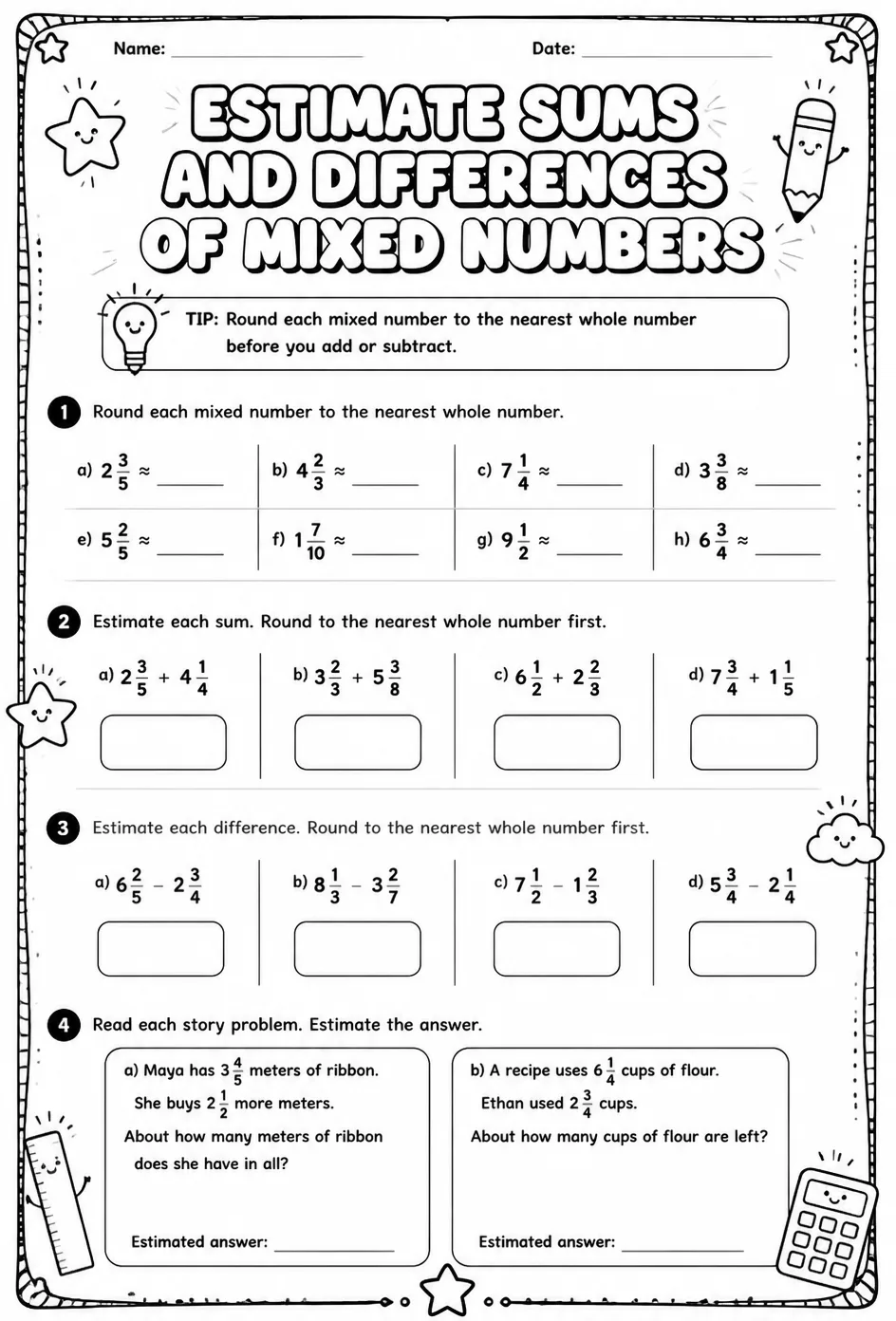 Estimate sums and differences of mixed numbers — free printable Grade 5 math worksheet