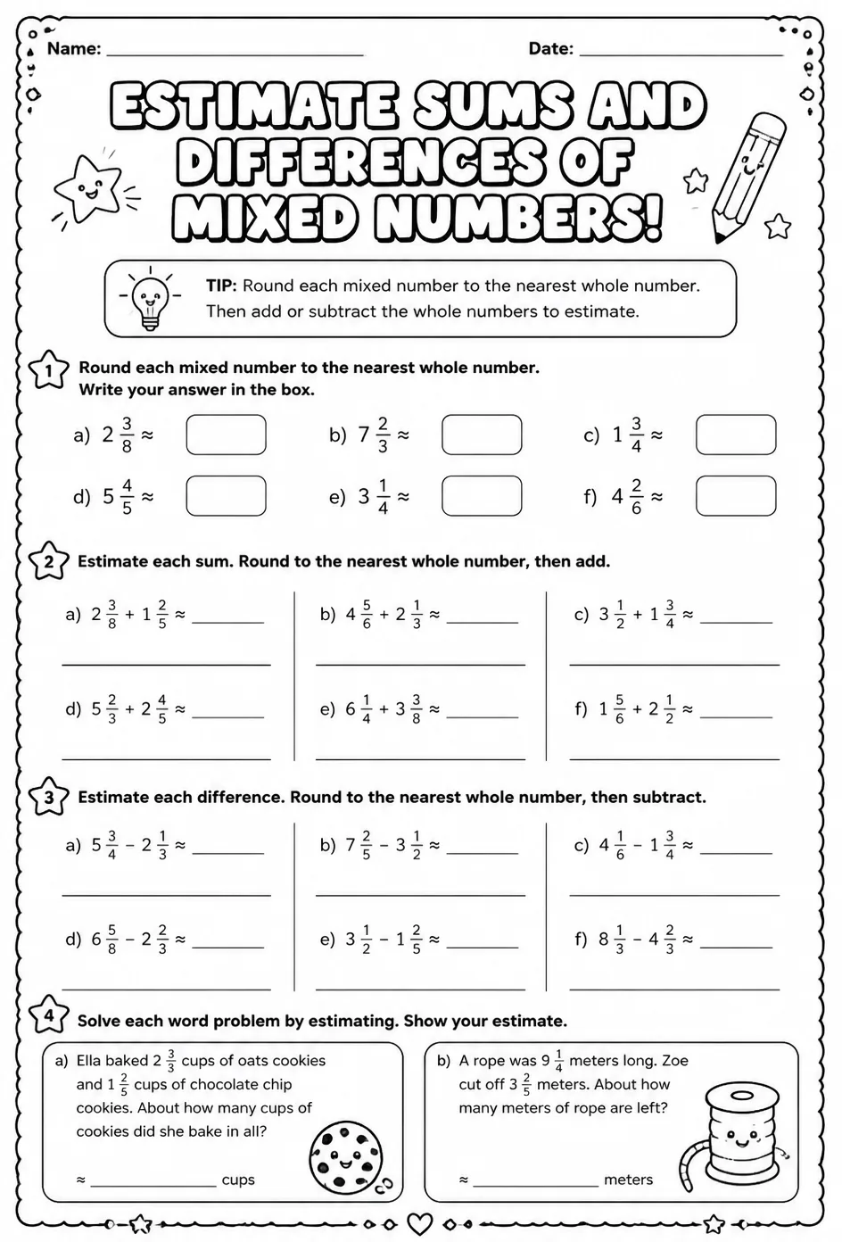Estimate sums and differences of mixed numbers — free printable Grade 6 math worksheet