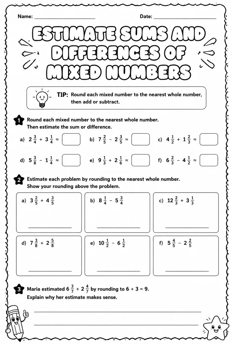Estimate sums and differences of mixed numbers — free printable Grade 7 math worksheet