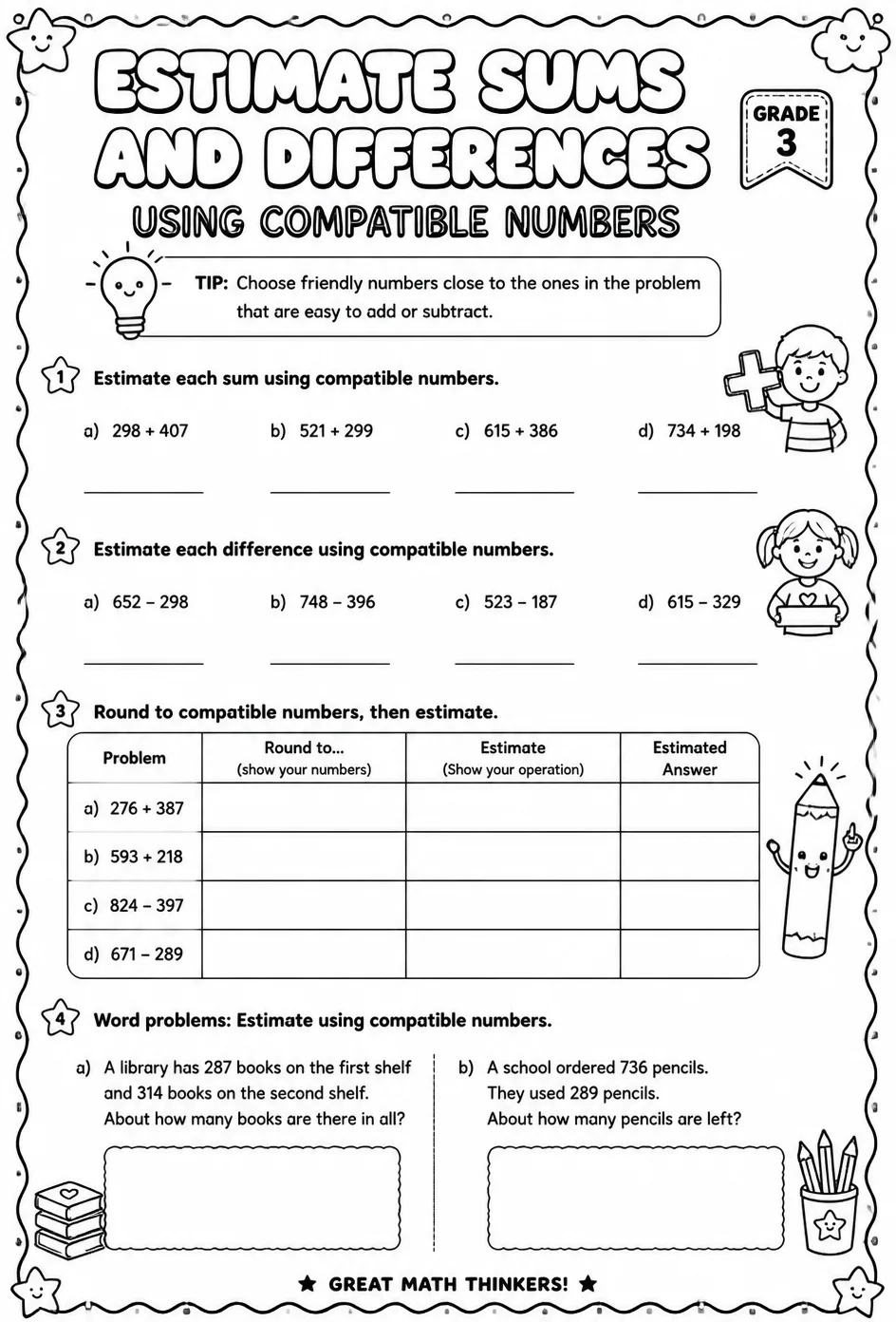 Estimate sums and differences using compatible numbers — free printable Grade 3 math worksheet