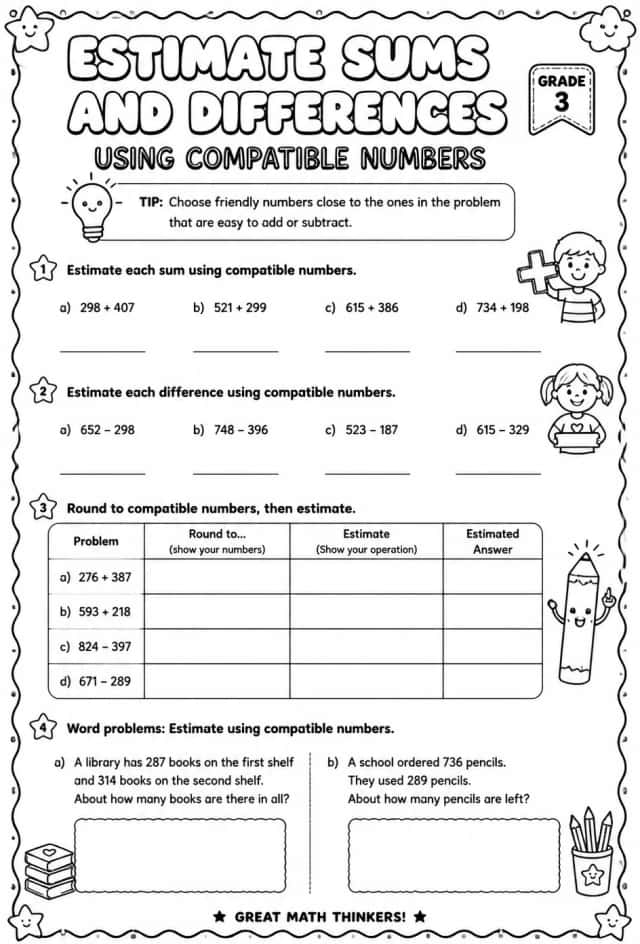 Estimate sums and differences using compatible numbers