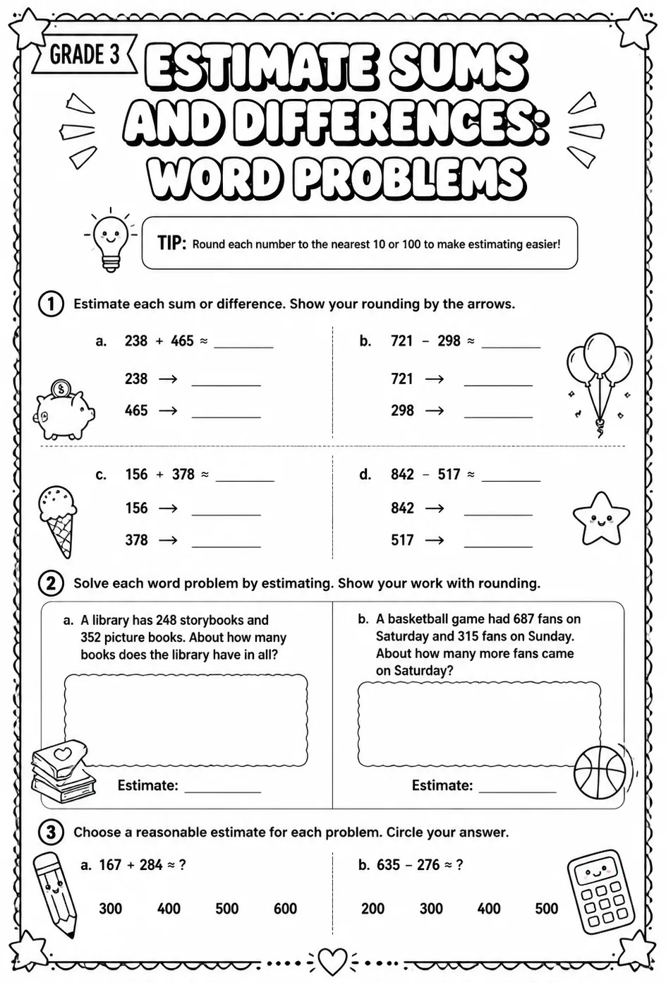 Estimate sums and differences: word problems — free printable Grade 3 math worksheet