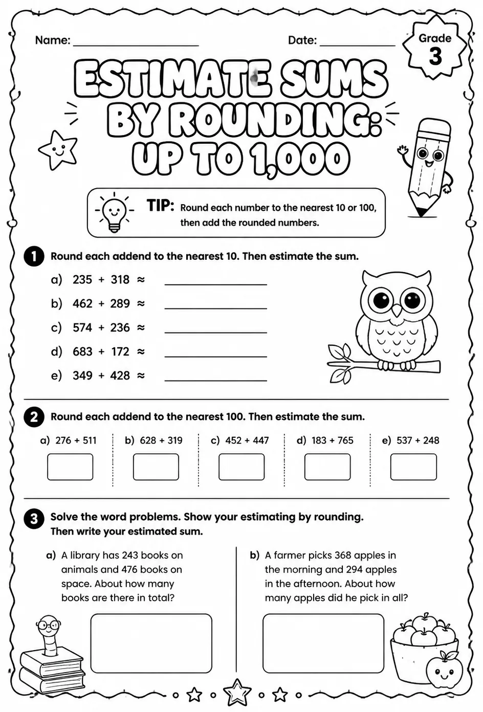 Estimate sums by rounding: up to 1,000 — free printable Grade 3 math worksheet