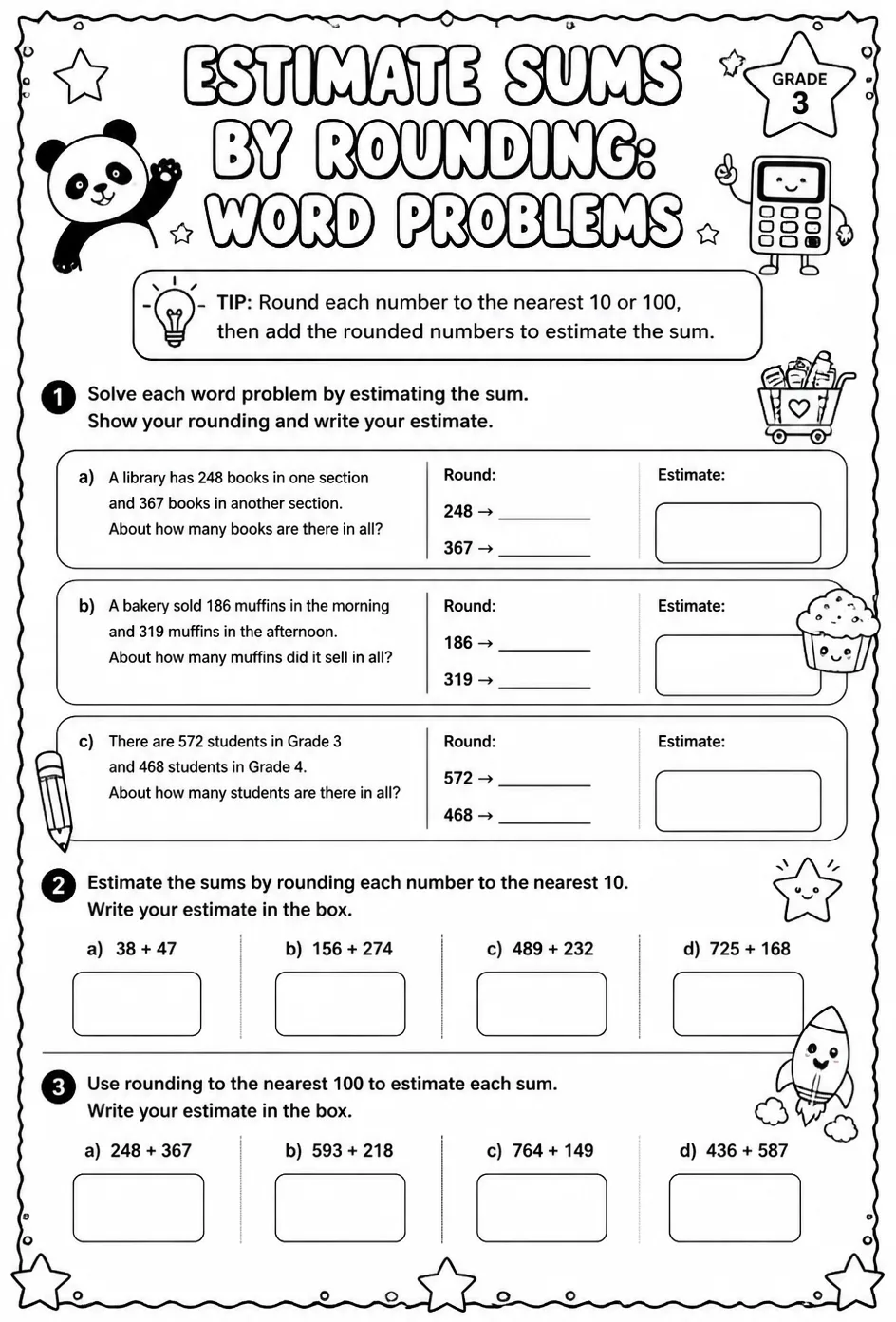 Estimate sums by rounding: word problems — free printable Grade 3 math worksheet