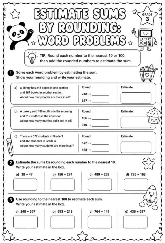 Estimate sums by rounding: word problems