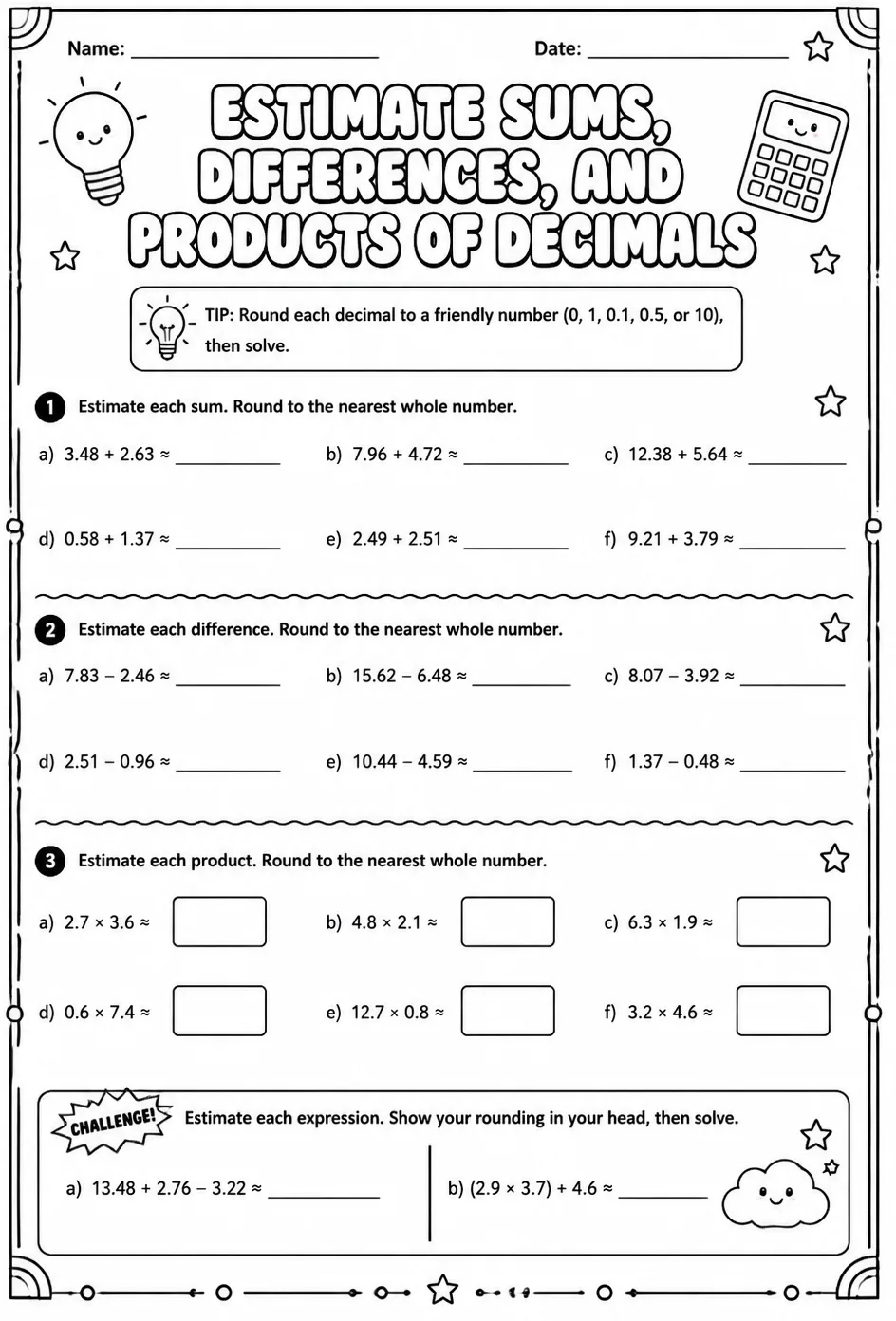 Estimate sums, differences, and products of decimals — free printable Grade 7 math worksheet