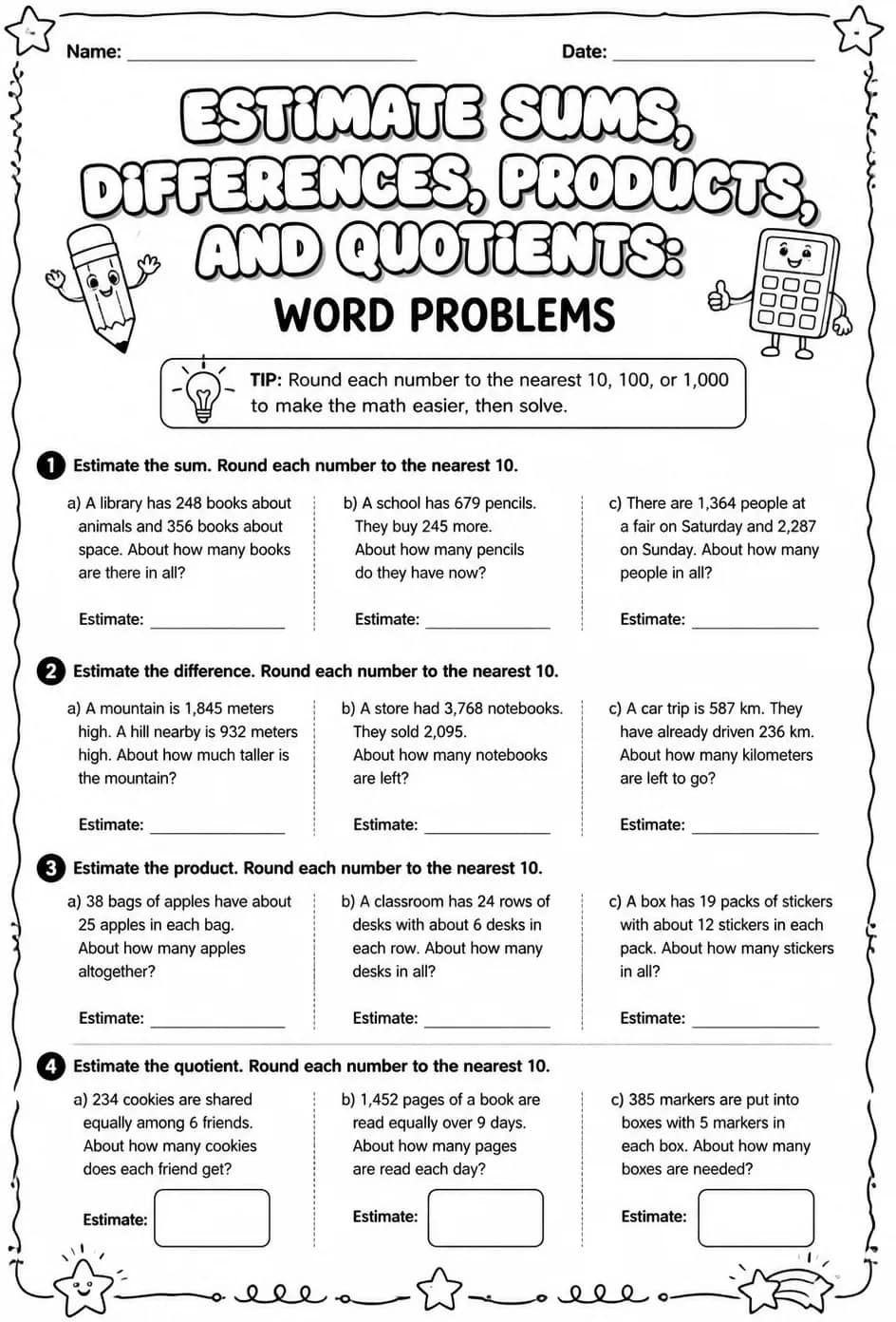 Estimate sums, differences, products, and quotients: word problems — free printable Grade 4 math worksheet