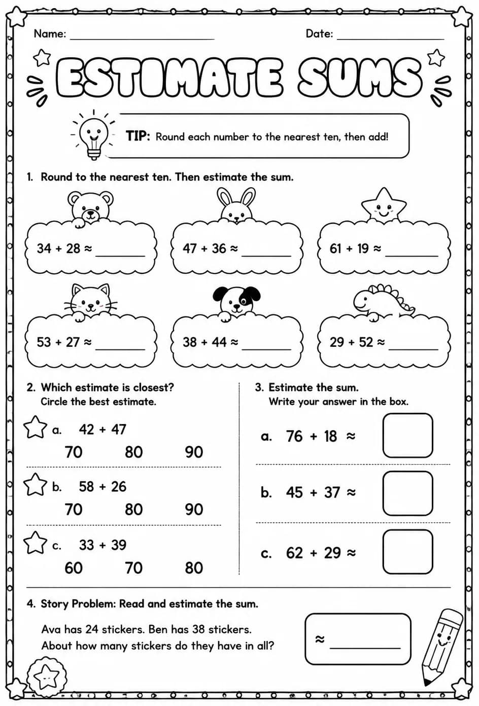 Estimate sums — free printable Grade 2 math worksheet
