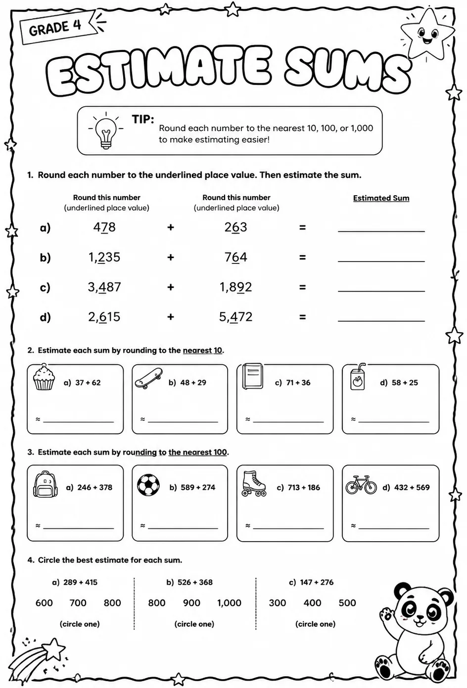 Estimate sums — free printable Grade 4 math worksheet