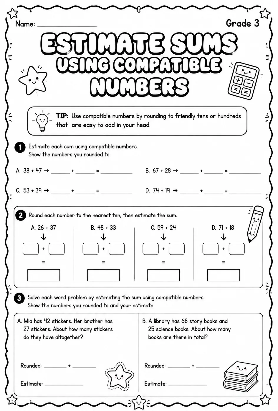Estimate sums using compatible numbers — free printable Grade 3 math worksheet