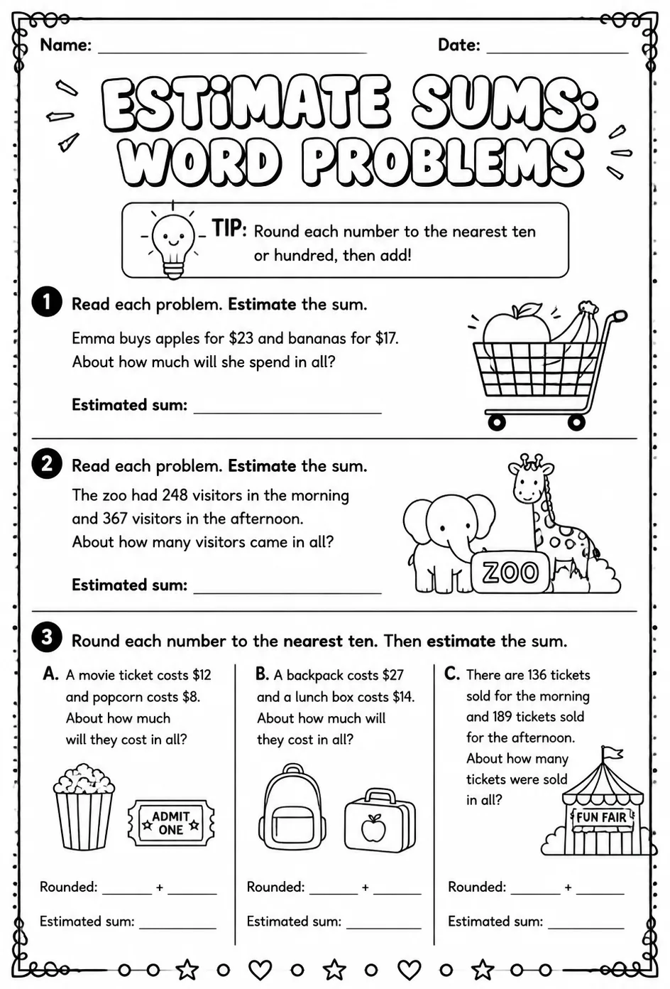 Estimate sums: word problems — free printable Grade 4 math worksheet