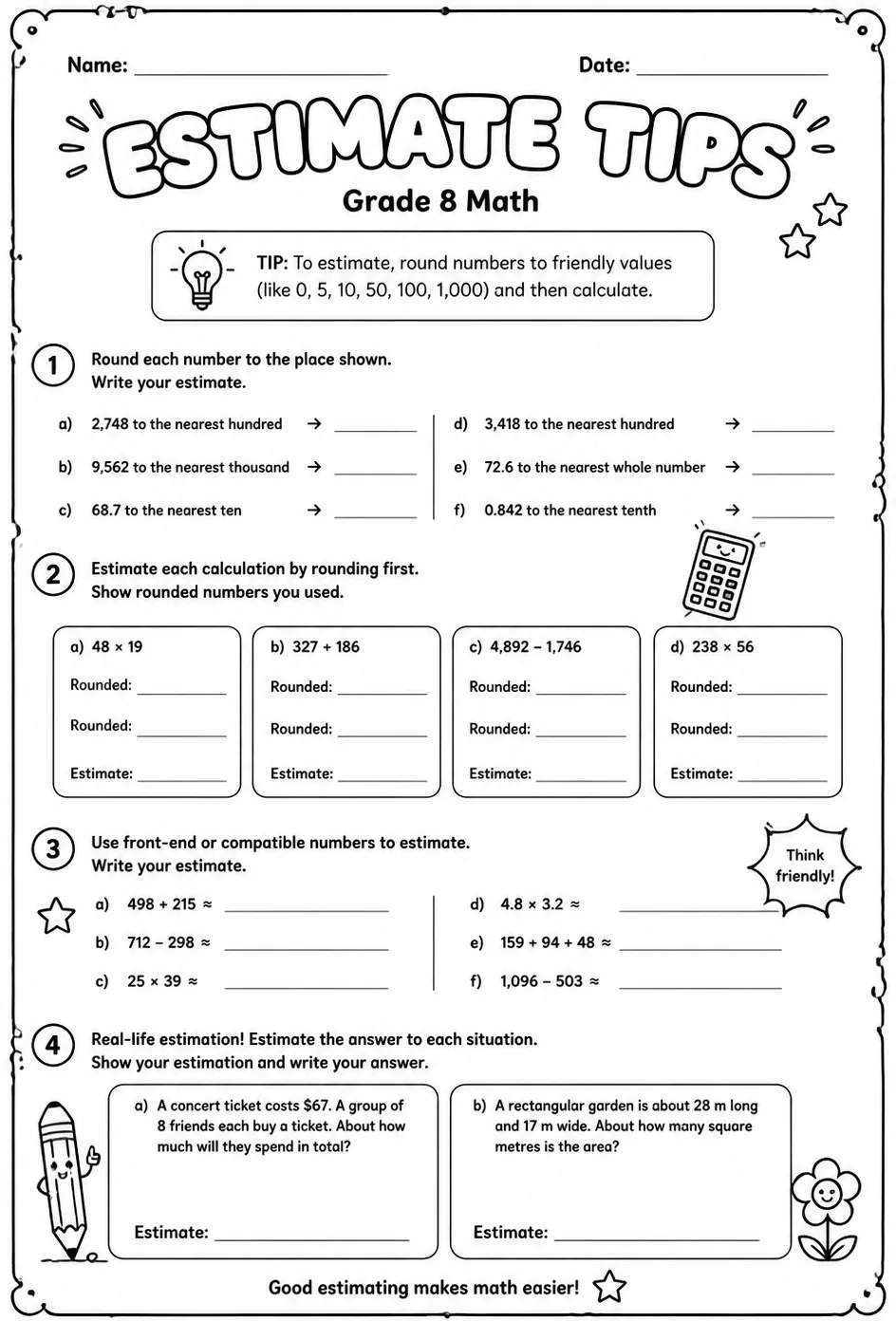 Estimate tips — free printable Grade 8 math worksheet