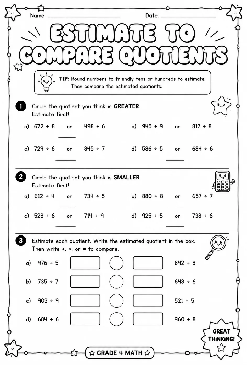 Estimate to compare quotients — free printable Grade 4 math worksheet